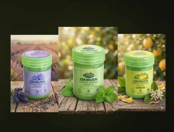 De drie OXIRUSH Premium Aromatic Inhalers: Lavender, Original en Lemon